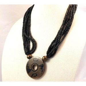 Multi-Strand Wood Beads Gray Acrylic Disc Aztec Pendant Gold Statement Necklace